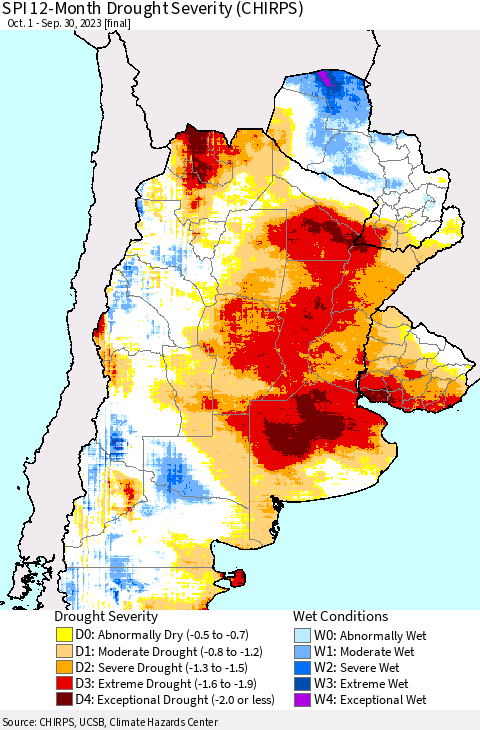 Southern South America SPI 12-Month Drought Severity (CHIRPS) Thematic Map For 10/1/2022 - 9/30/2023