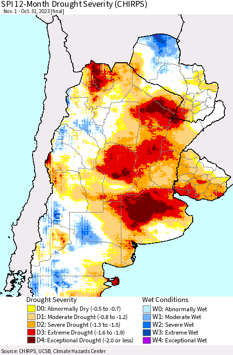 Southern South America SPI 12-Month Drought Severity (CHIRPS) Thematic Map For 11/1/2022 - 10/31/2023