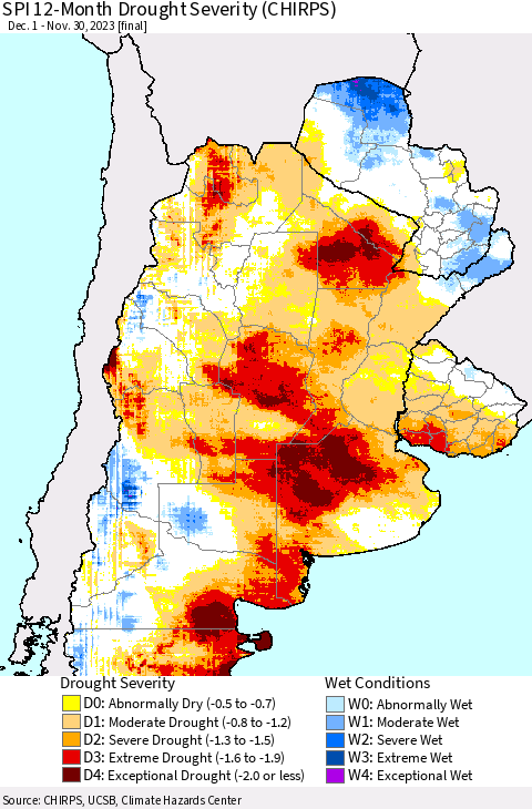 Southern South America SPI 12-Month Drought Severity (CHIRPS) Thematic Map For 12/1/2022 - 11/30/2023