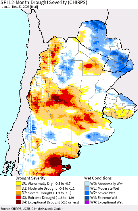 Southern South America SPI 12-Month Drought Severity (CHIRPS) Thematic Map For 1/1/2023 - 12/31/2023