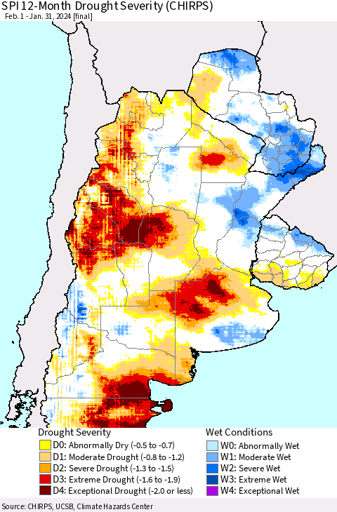 Southern South America SPI 12-Month Drought Severity (CHIRPS) Thematic Map For 2/1/2023 - 1/31/2024