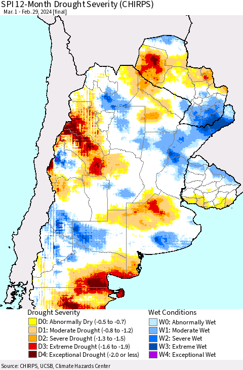 Southern South America SPI 12-Month Drought Severity (CHIRPS) Thematic Map For 3/1/2023 - 2/29/2024