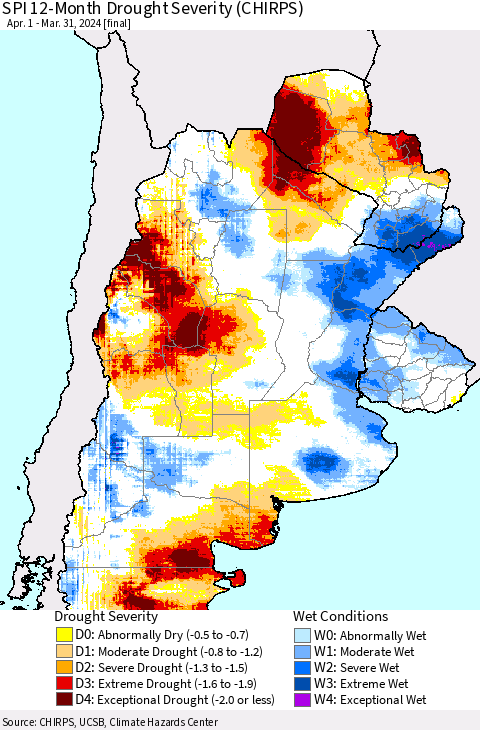 Southern South America SPI 12-Month Drought Severity (CHIRPS) Thematic Map For 4/1/2023 - 3/31/2024