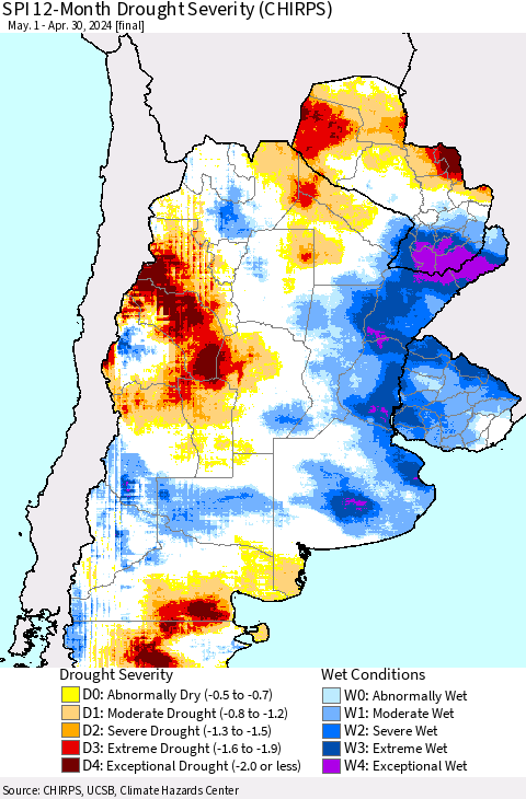 Southern South America SPI 12-Month Drought Severity (CHIRPS) Thematic Map For 5/1/2023 - 4/30/2024