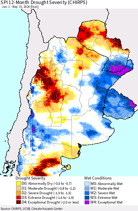 Southern South America SPI 12-Month Drought Severity (CHIRPS) Thematic Map For 6/1/2023 - 5/31/2024