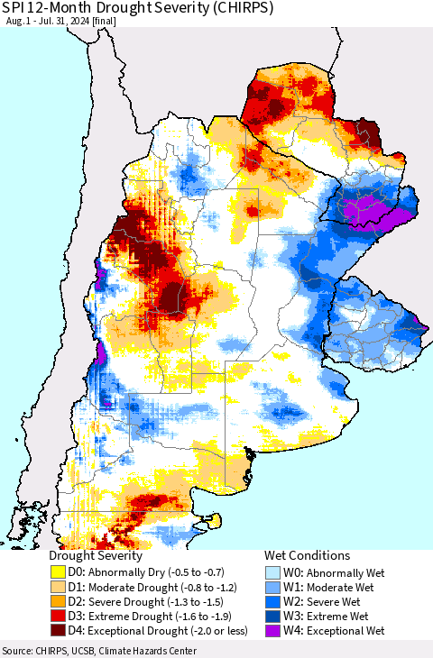 Southern South America SPI 12-Month Drought Severity (CHIRPS) Thematic Map For 8/1/2023 - 7/31/2024