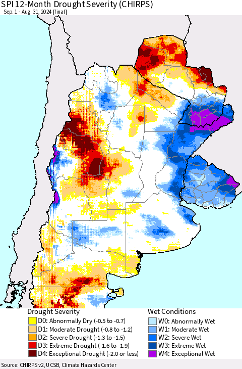 Southern South America SPI 12-Month Drought Severity (CHIRPS) Thematic Map For 9/1/2023 - 8/31/2024