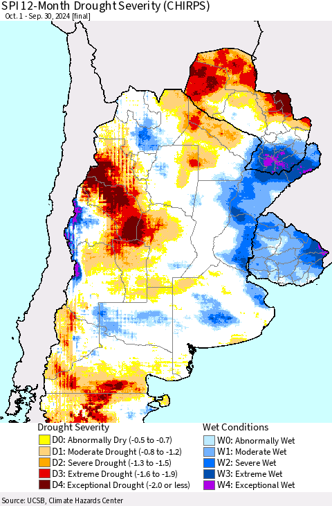 Southern South America SPI 12-Month Drought Severity (CHIRPS) Thematic Map For 10/1/2023 - 9/30/2024