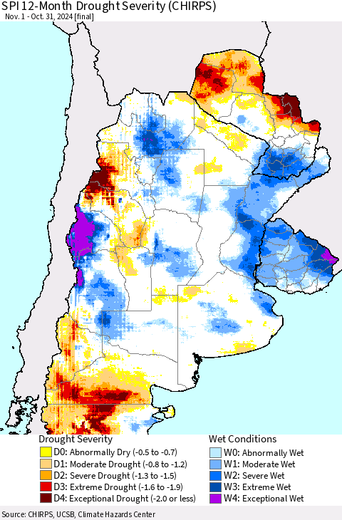 Southern South America SPI 12-Month Drought Severity (CHIRPS) Thematic Map For 11/1/2023 - 10/31/2024