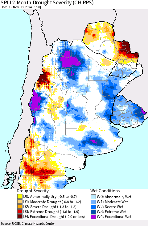 Southern South America SPI 12-Month Drought Severity (CHIRPS) Thematic Map For 12/1/2023 - 11/30/2024