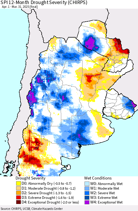 Southern South America SPI 12-Month Drought Severity (CHIRPS) Thematic Map For 4/1/2024 - 3/31/2025