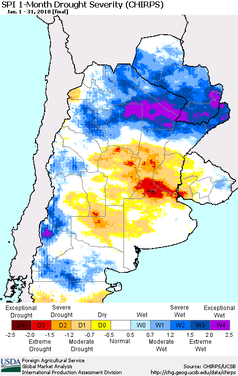 Southern South America SPI 1-Month Drought Severity (CHIRPS) Thematic Map For 1/1/2018 - 1/31/2018