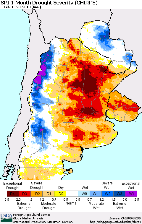 Southern South America SPI 1-Month Drought Severity (CHIRPS) Thematic Map For 2/1/2018 - 2/28/2018