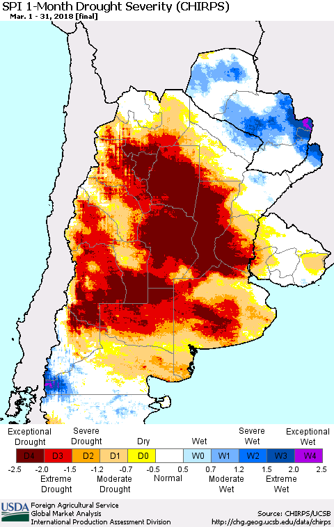 Southern South America SPI 1-Month Drought Severity (CHIRPS) Thematic Map For 3/1/2018 - 3/31/2018