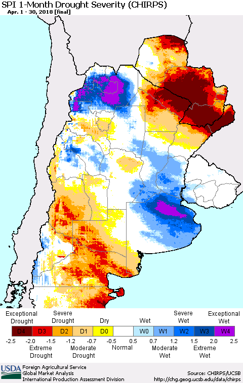 Southern South America SPI 1-Month Drought Severity (CHIRPS) Thematic Map For 4/1/2018 - 4/30/2018