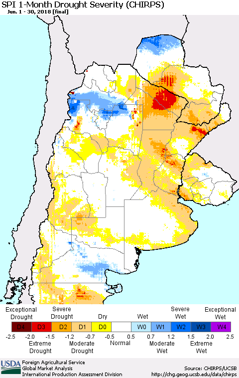 Southern South America SPI 1-Month Drought Severity (CHIRPS) Thematic Map For 6/1/2018 - 6/30/2018