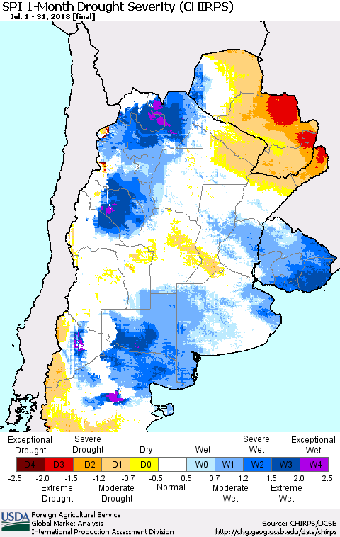 Southern South America SPI 1-Month Drought Severity (CHIRPS) Thematic Map For 7/1/2018 - 7/31/2018