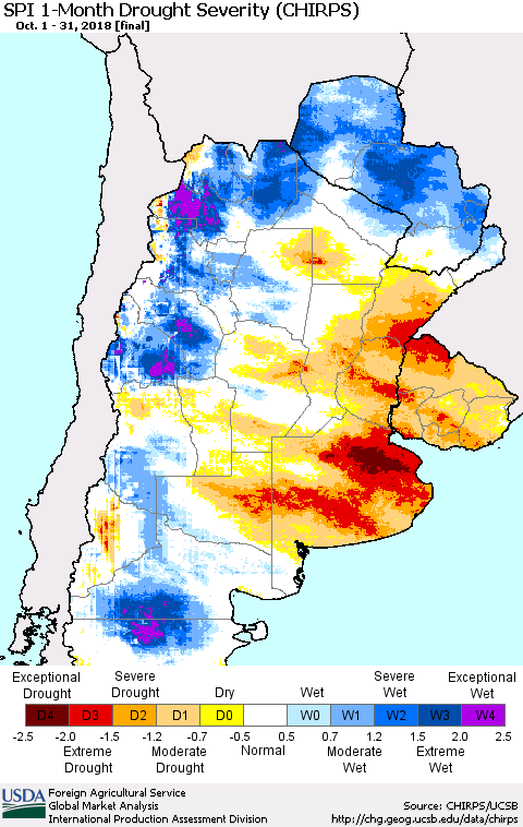 Southern South America SPI 1-Month Drought Severity (CHIRPS) Thematic Map For 10/1/2018 - 10/31/2018