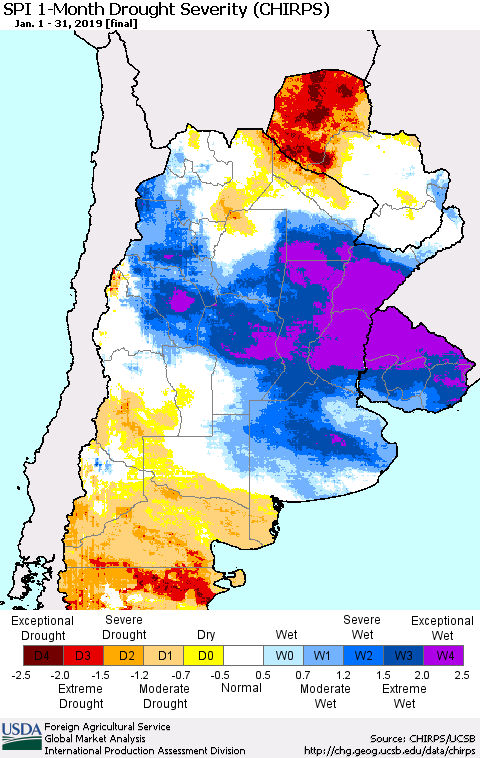 Southern South America SPI 1-Month Drought Severity (CHIRPS) Thematic Map For 1/1/2019 - 1/31/2019