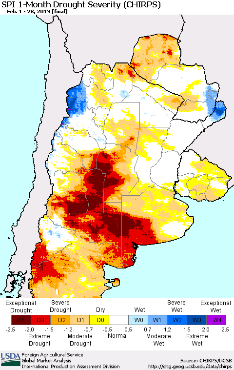 Southern South America SPI 1-Month Drought Severity (CHIRPS) Thematic Map For 2/1/2019 - 2/28/2019