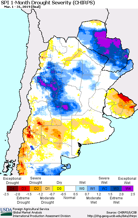 Southern South America SPI 1-Month Drought Severity (CHIRPS) Thematic Map For 3/1/2019 - 3/31/2019