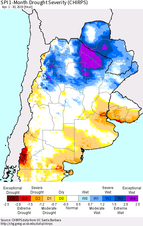 Southern South America SPI 1-Month Drought Severity (CHIRPS) Thematic Map For 4/1/2019 - 4/30/2019