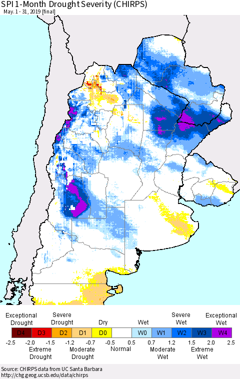 Southern South America SPI 1-Month Drought Severity (CHIRPS) Thematic Map For 5/1/2019 - 5/31/2019