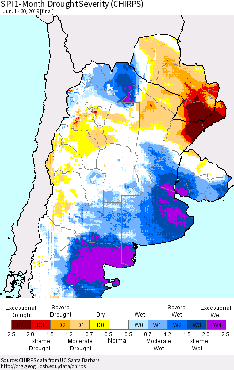 Southern South America SPI 1-Month Drought Severity (CHIRPS) Thematic Map For 6/1/2019 - 6/30/2019