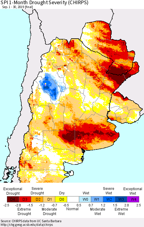 Southern South America SPI 1-Month Drought Severity (CHIRPS) Thematic Map For 9/1/2019 - 9/30/2019