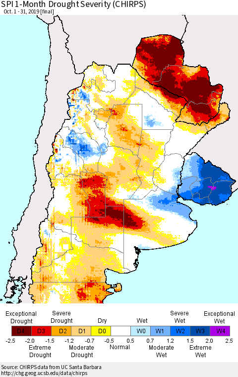 Southern South America SPI 1-Month Drought Severity (CHIRPS) Thematic Map For 10/1/2019 - 10/31/2019