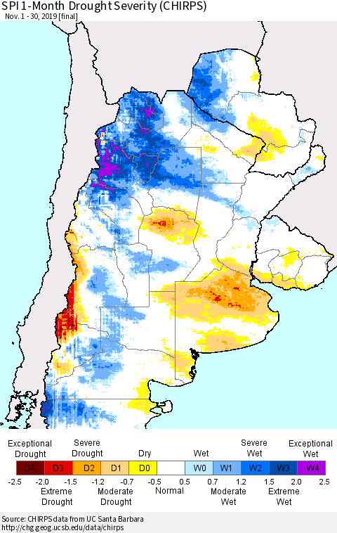Southern South America SPI 1-Month Drought Severity (CHIRPS) Thematic Map For 11/1/2019 - 11/30/2019