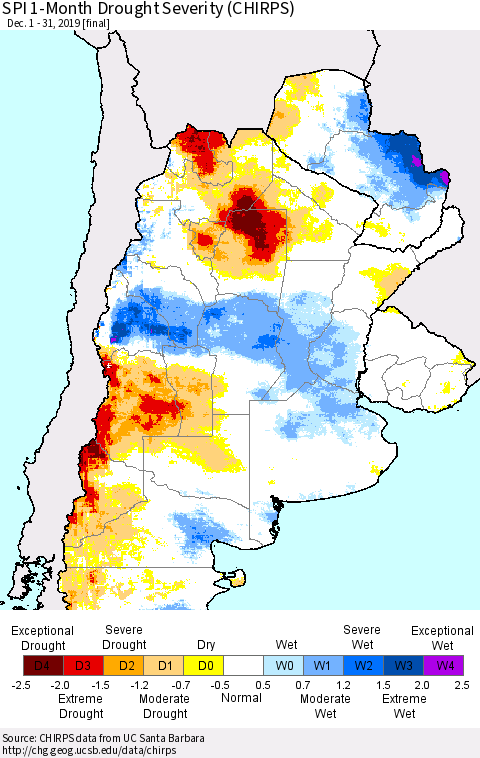 Southern South America SPI 1-Month Drought Severity (CHIRPS) Thematic Map For 12/1/2019 - 12/31/2019