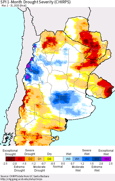 Southern South America SPI 1-Month Drought Severity (CHIRPS) Thematic Map For 3/1/2020 - 3/31/2020