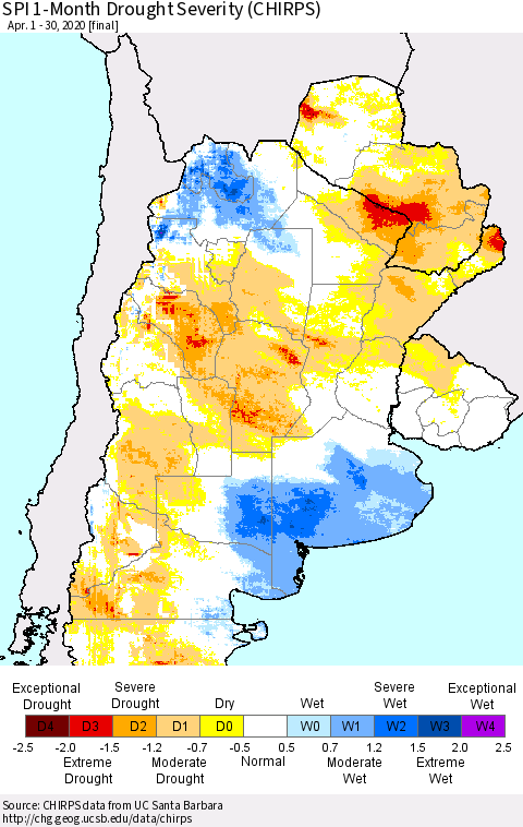 Southern South America SPI 1-Month Drought Severity (CHIRPS) Thematic Map For 4/1/2020 - 4/30/2020