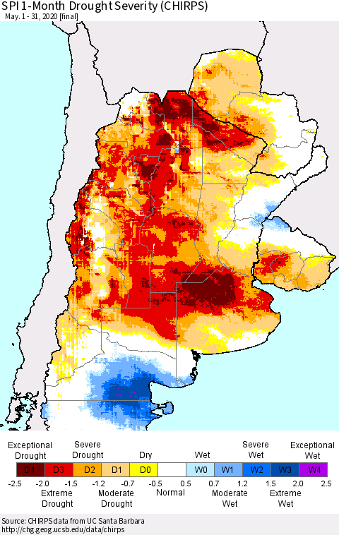 Southern South America SPI 1-Month Drought Severity (CHIRPS) Thematic Map For 5/1/2020 - 5/31/2020