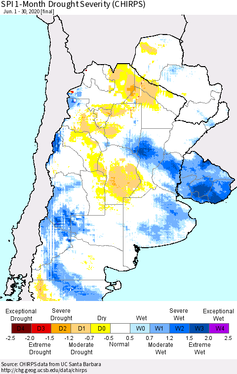 Southern South America SPI 1-Month Drought Severity (CHIRPS) Thematic Map For 6/1/2020 - 6/30/2020