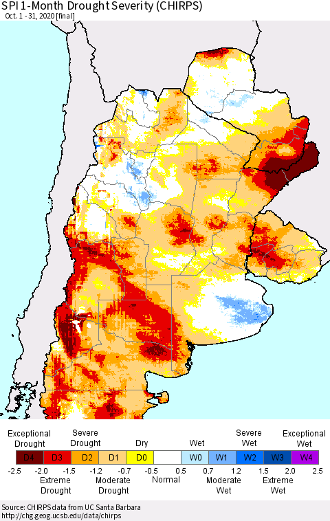 Southern South America SPI 1-Month Drought Severity (CHIRPS) Thematic Map For 10/1/2020 - 10/31/2020