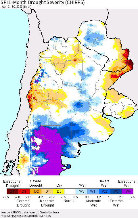 Southern South America SPI 1-Month Drought Severity (CHIRPS) Thematic Map For 4/1/2021 - 4/30/2021