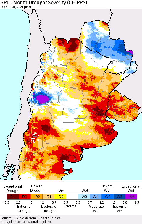Southern South America SPI 1-Month Drought Severity (CHIRPS) Thematic Map For 10/1/2021 - 10/31/2021