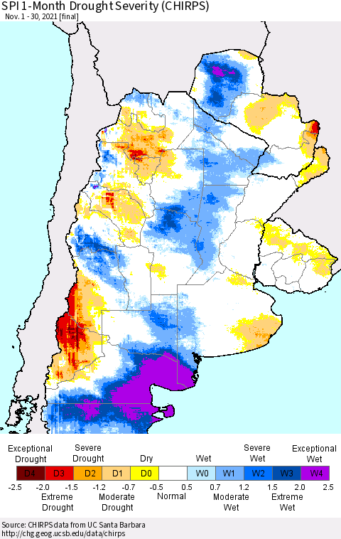 Southern South America SPI 1-Month Drought Severity (CHIRPS) Thematic Map For 11/1/2021 - 11/30/2021