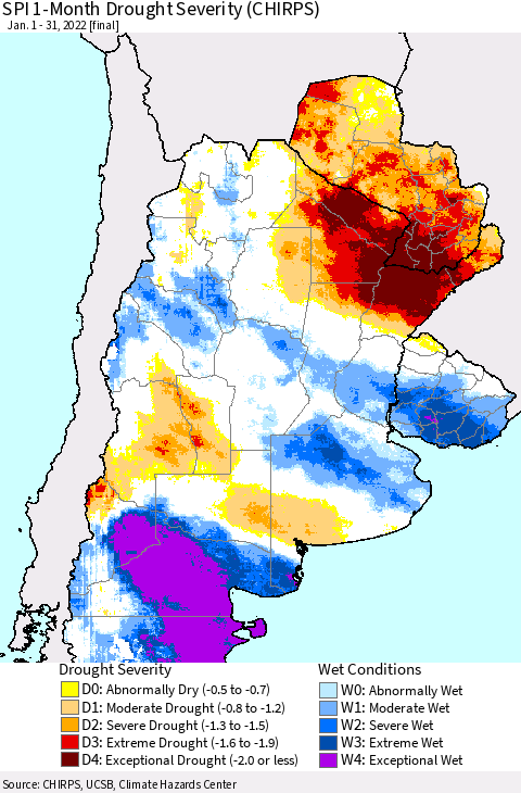 Southern South America SPI 1-Month Drought Severity (CHIRPS) Thematic Map For 1/1/2022 - 1/31/2022