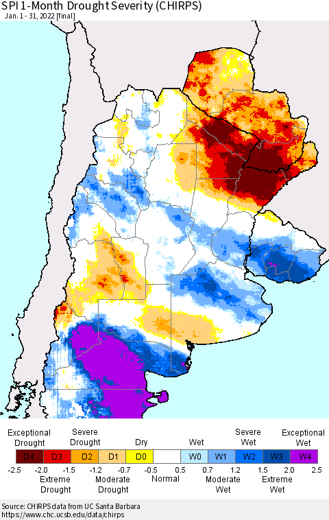 Southern South America SPI 1-Month Drought Severity (CHIRPS) Thematic Map For 1/1/2022 - 1/31/2022