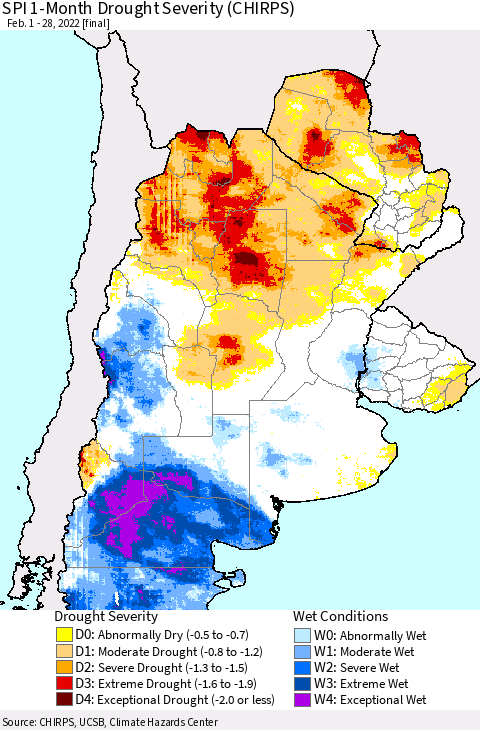 Southern South America SPI 1-Month Drought Severity (CHIRPS) Thematic Map For 2/1/2022 - 2/28/2022