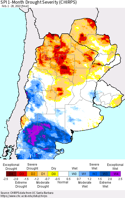 Southern South America SPI 1-Month Drought Severity (CHIRPS) Thematic Map For 2/1/2022 - 2/28/2022