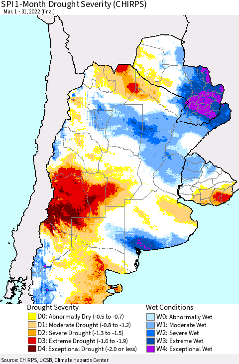 Southern South America SPI 1-Month Drought Severity (CHIRPS) Thematic Map For 3/1/2022 - 3/31/2022