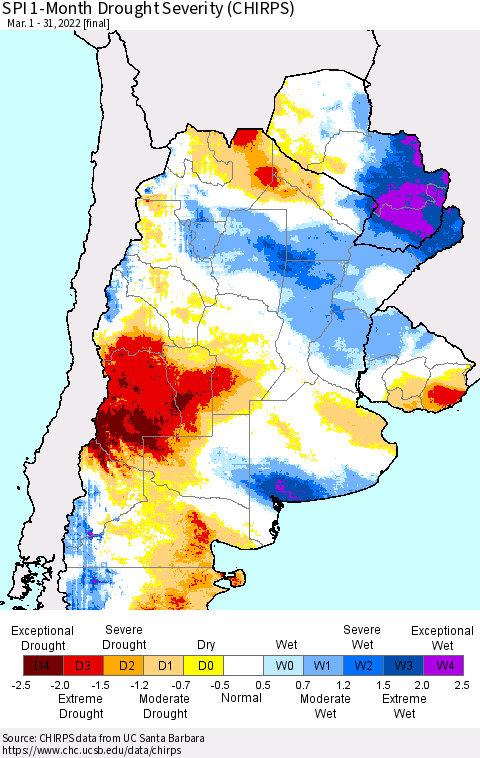 Southern South America SPI 1-Month Drought Severity (CHIRPS) Thematic Map For 3/1/2022 - 3/31/2022