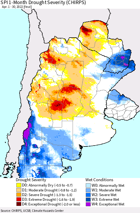 Southern South America SPI 1-Month Drought Severity (CHIRPS) Thematic Map For 4/1/2022 - 4/30/2022