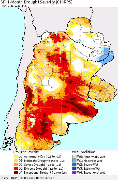Southern South America SPI 1-Month Drought Severity (CHIRPS) Thematic Map For 5/1/2022 - 5/31/2022