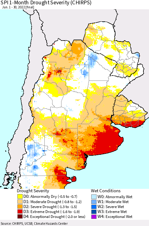 Southern South America SPI 1-Month Drought Severity (CHIRPS) Thematic Map For 6/1/2022 - 6/30/2022