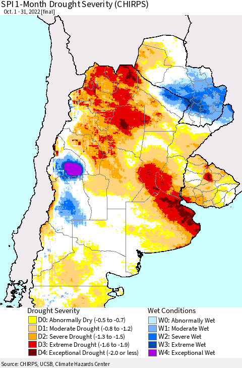 Southern South America SPI 1-Month Drought Severity (CHIRPS) Thematic Map For 10/1/2022 - 10/31/2022